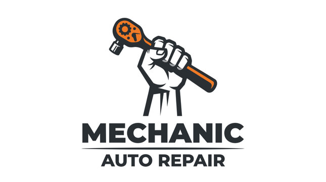 Mechanic Auto Repair Logo with Fist Holding Wrench.