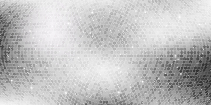 Silver mosaic disco ball background with white mirror glitter and light spots texture. Shiny grey tones sequin pattern. Festive fashion decoration. Glam sparkle Christmas wall. Vector illustration.