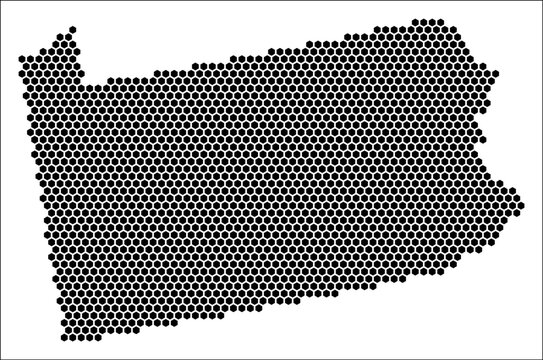 Pennsylvania hexagon map. Plain black and white dotted shape template. State tiny hexagon cells. Pennsylvania flat honeycomb template. Vector Illustration.