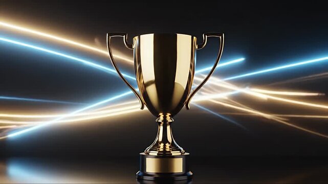 Golden trophy cup with glowing blue and gold light streaks on a dark background wins