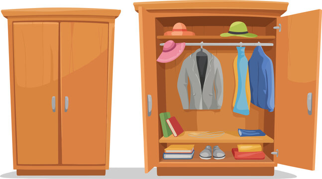 Cartoon illustration of a wooden wardrobe with open doors displaying clothes and accessories