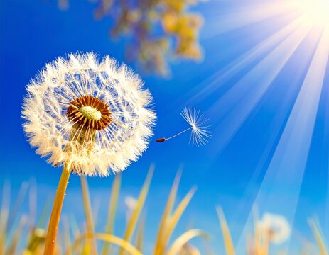 Fragile dandelion in front of an abstract blue backround with sunrays
