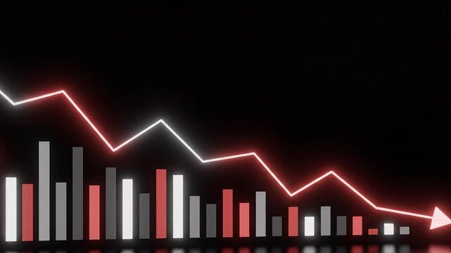 Negative Stock Market Trend Animation with Falling Red Arrow and Financial Bar Chart on Dark Background