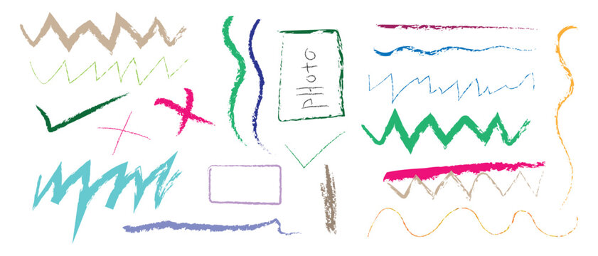 Hand drawn charcoal pencil lines box, watar line, colorful set. Grungy graphite pen art brushes, Hand drawn colored pencil scribbles, rough sketch stars, and underlines. chalk, coloured, line, marker,