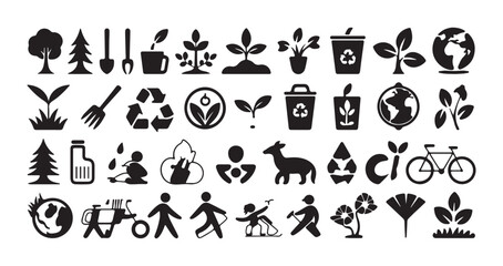 Obraz premium Collection of black and white icons focused on environmentalism nature conservation and outdoor recreation.