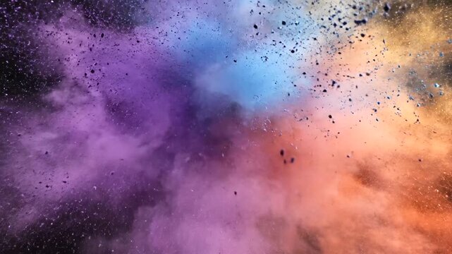 Vibrant Multicolored Powder Explosion on Black Background with Dust Clouds.