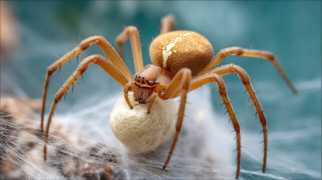 Nature's Intricate Craft: Close-Up of a Spider with Egg Sac in a Webbing Environment Showcasing Fine Details and Textures in a Natural Setting