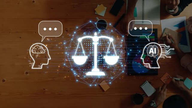 Visual representation of artificial intelligence and law fundamentals with a balance scale and digital elements set on a professional workspace, symbolizing innovation. Raster