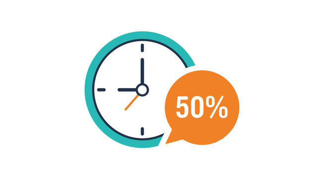 Clock with 50 percent discount notification.
