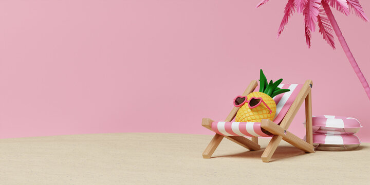 3D rendering of Cute pineapple in sunglasses relaxing on beach chair for summer vacation