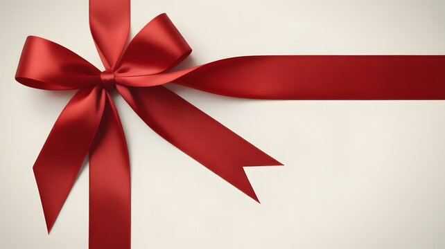 Red satin ribbon bow on cream background