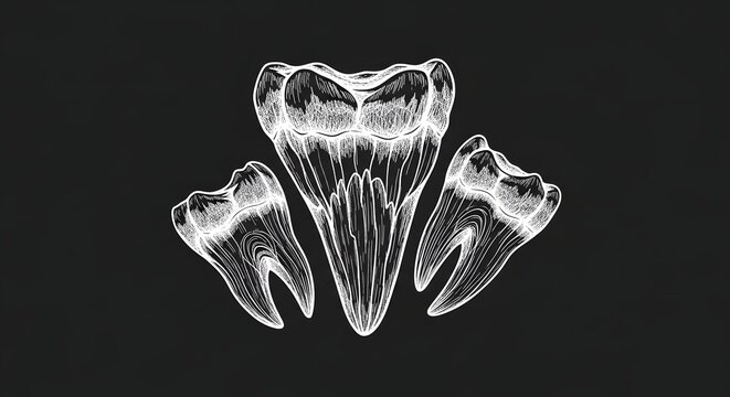 Detailed X-ray Illustration of Human Molar Teeth on a Dark Background.