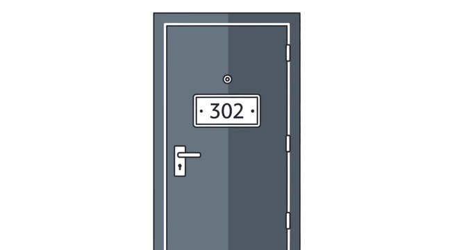 Closed gray door with number 302 sign and silver handle.
