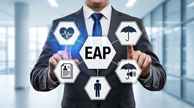 Professional businessman interacts with glowing EAP digital network icons symbolizing employee assistance program and workplace wellbeing