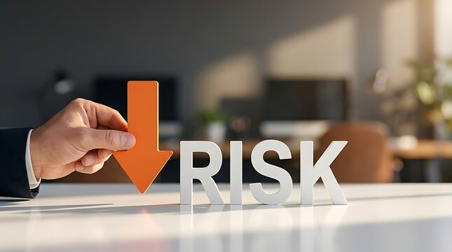 Human hand places an orange downward arrow next to risk text symbolizing risk management and reduction strategies
