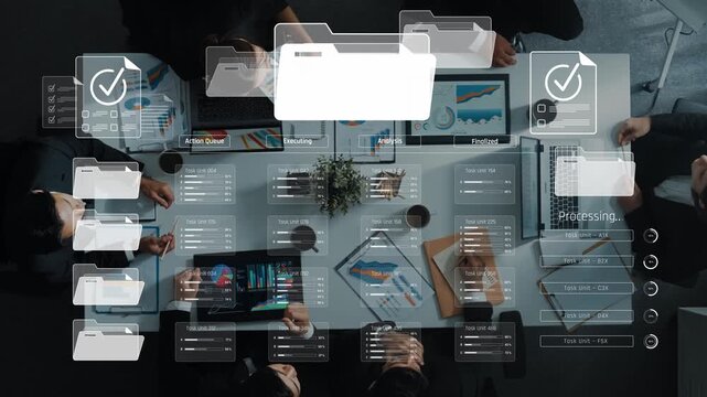 Modern office scene showcasing a collaborative workspace where team members engage in discussions over digital data and graphical analytics, focusing on productivity. Raster