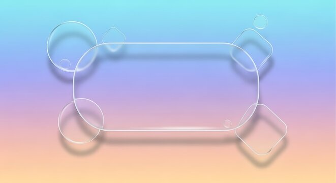 A central horizontal glass frame with rounded edges surrounded by various transparent geometric shapes for modern digital UI design layouts