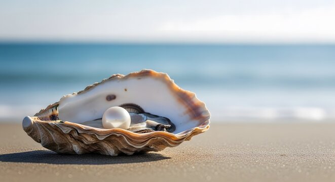 Pearl in an oyster shell on the beach