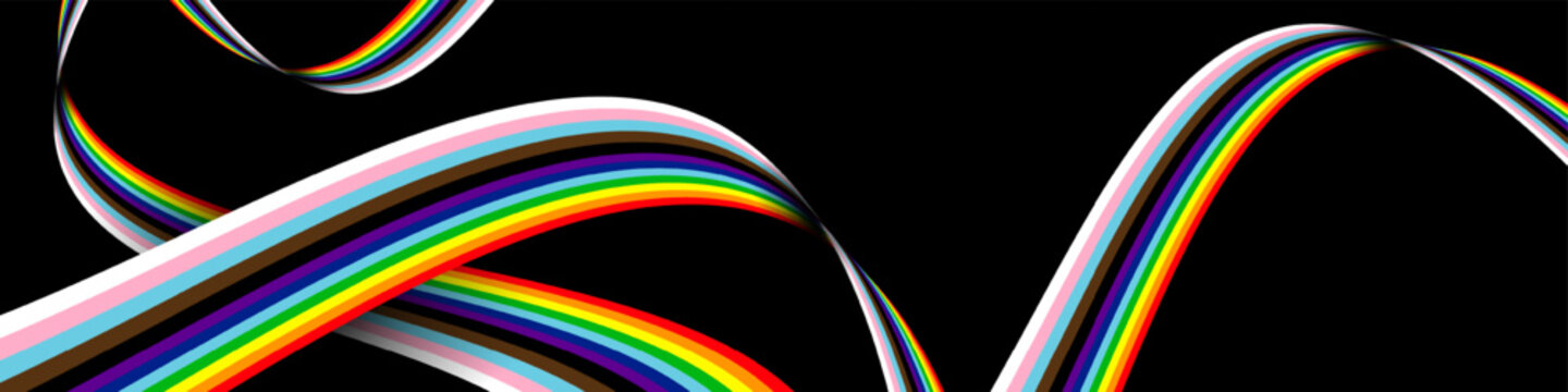 LGBTQ+ Progress Pride rainbow waves on black background wide banner. Vector EPS10