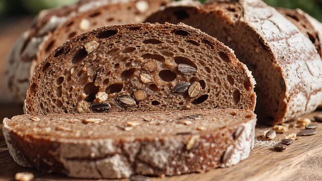 Delicious Whole Grain Bread Sliced on a Wooden Board Close Up.