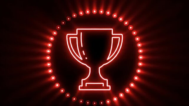 Neon trophy cup icon glowing in red with a circular light border on black background