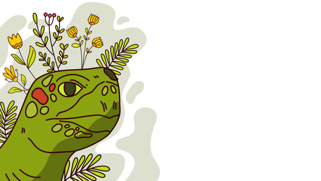 detailed turtle head surrounded by wildflowers and leaves