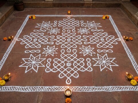 Intricate rangoli design with diya lamps for diwali celebration