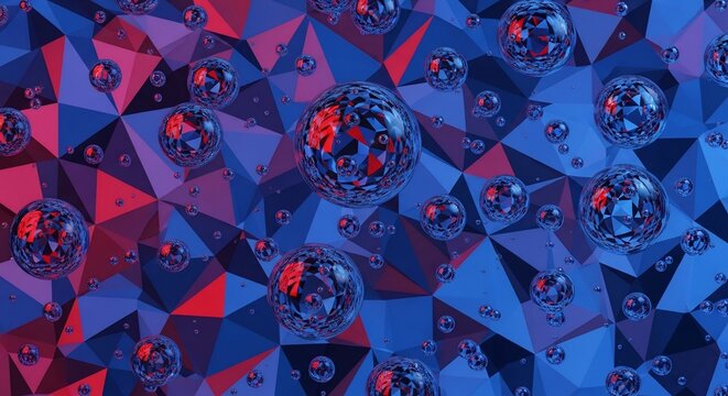 Abstract background with reflective spheres on a red and blue geometric triangular surface.