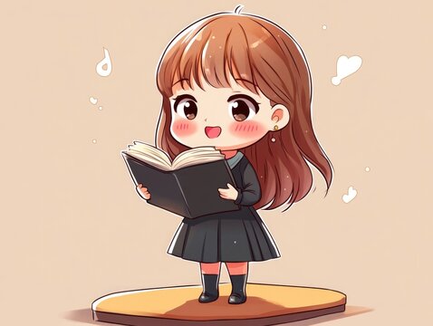 Adorable chibi character enthusiastically reciting poetry on a whimsical stage capturing the joy and wonder of language arts and literature learning