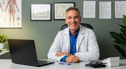 Fototapeta premium Smiling doctor sitting at desk with laptop and medical equipment