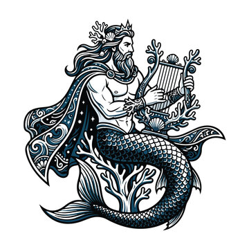 Mythological merman playing an ornate coral harp in a detailed engraving style.