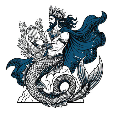 Illustration of a Merman King Playing a Harp.