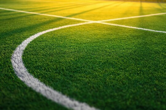 Close up view of green soccer field with white line markings during sunset showing texture and shadows. High quality photo