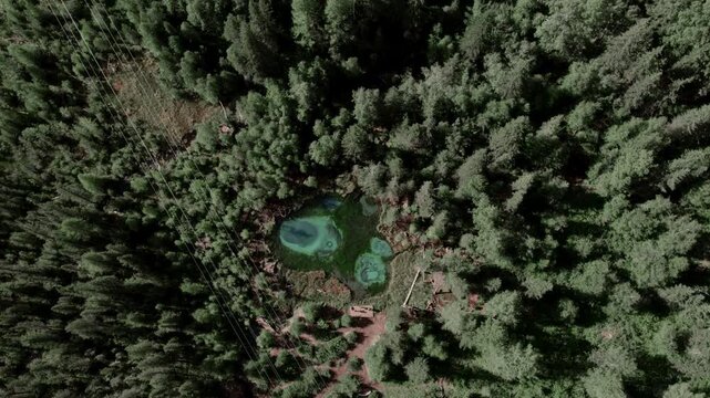 Drone footage of the turquoise Geyser Lake with circular mineral patterns surrounded by dense taiga forest near Aktash, Altai Republic, Russia, sunny day