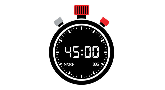 An illustration of a stopwatch displays 45 minutes on a digital screen with red and grey buttons on white background.