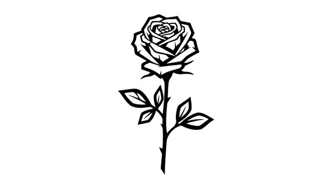 Single Black and White Rose with Stem and Leaves