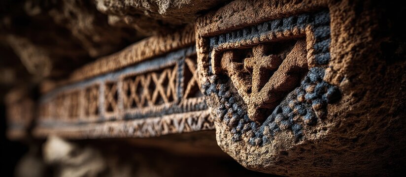 Close-up of carved stone ornamentation with geometric patterns and crosses
