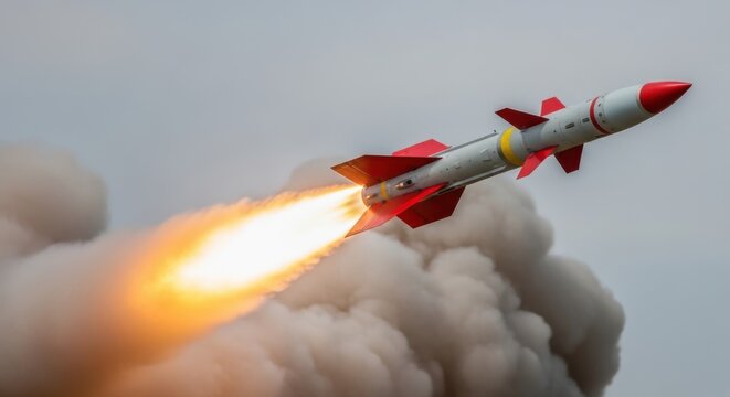 Rocket launching with fiery exhaust in a cloudy sky