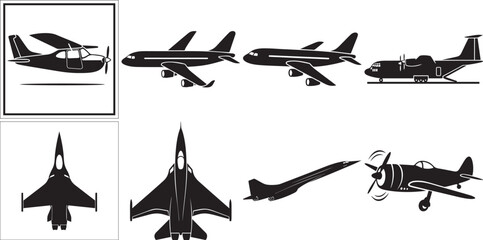 Obraz premium Collection of diverse aircraft silhouettes in various styles and views.