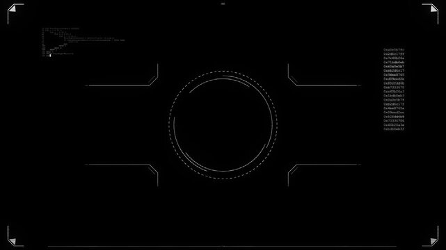 Black minimal HUD interface background with circular target, thin tech lines, small code text, clean digital frame. cyber videos, sci fi screens, software intros, tactical displays, and overlays.