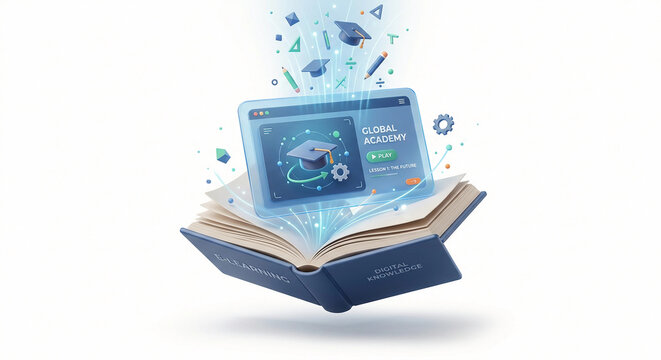 3D E-Learning Concept with Digital Book and Online Academy Laptop Screen