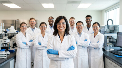 Fototapeta premium Confident female scientist leading diverse research team in modern laboratory, standing among advanced equipment, showcasing innovation, teamwork, healthcare, biotechnology and professional excellence