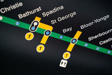 Obraz premium Close up of TTC subway map showing Spadina and St George stations. Toronto, Canada - May 4, 2026.