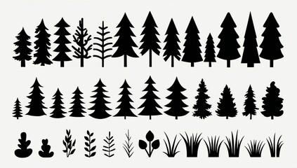 Fototapeta premium Collection of stylized black silhouettes of pine trees and forest plants