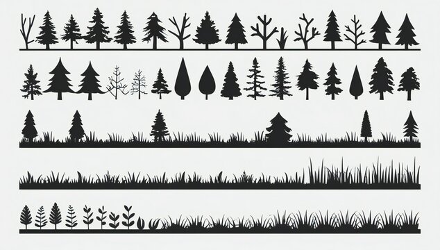 Collection of silhouette forest trees and grass textures for design elements