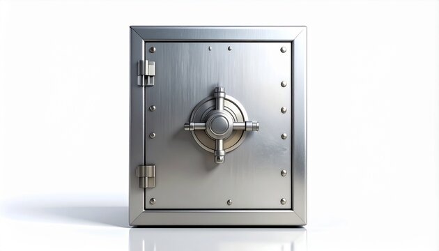 A closed metal safe with a combination lock on the front is standing alone on a white surface in a bright environment.