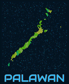 Palawan hexagon dots map. Philippines. Digital style shape of the island. Palawan map and title. Tiny green colored hexagons, sparse blue dots at background. Vector Illustration.