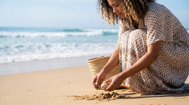 Summer beach woman collecting seashells bending on sand by ocean waves for nature vacation leisure lifestyle travel content design