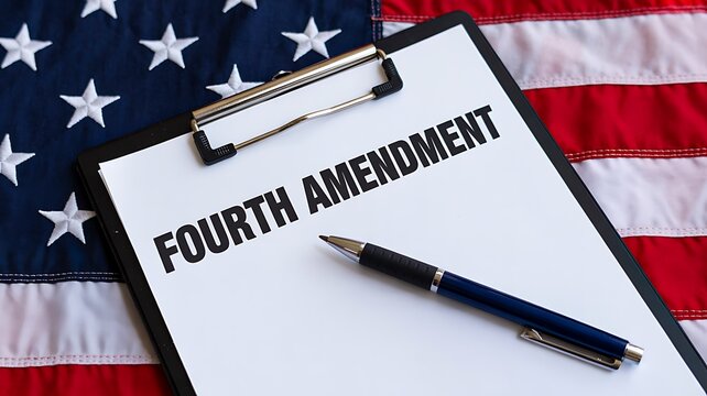 Fourth amendment document with pen on american flag background representing law rights and constitution concept