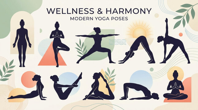 Silhouettes of people performing modern yoga poses on abstract background with wellness and harmony theme